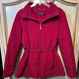 Ellen Tracy Deep Red Quilted Gold Zip Front Cinch Waist Coat Medium